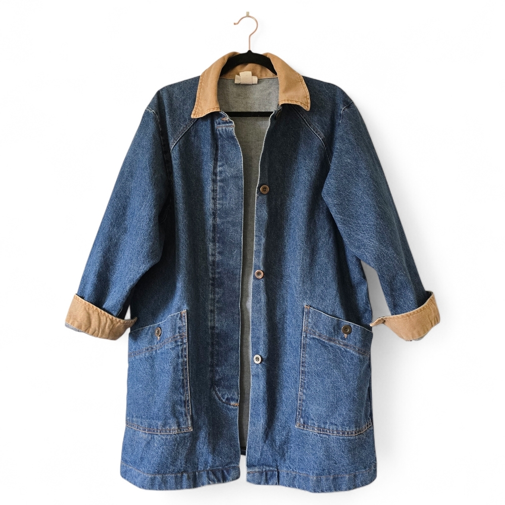 Vintage American Profile Contrast Collar Long Line Denim Jacket Chore Jacket